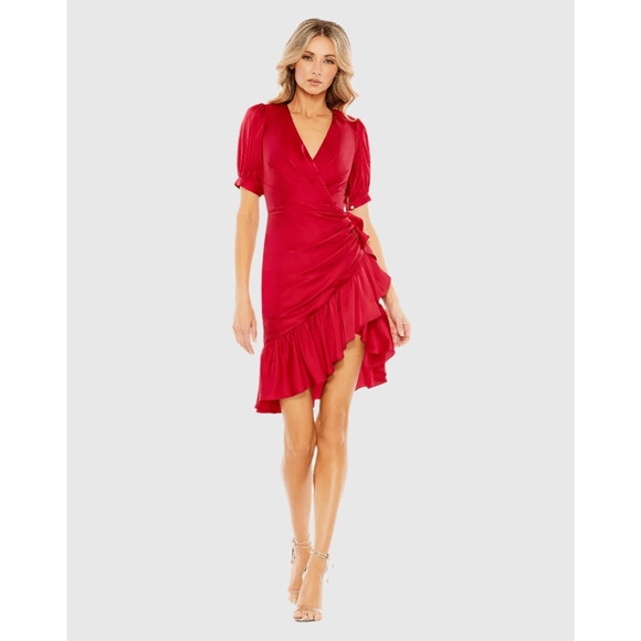 Mac Duggal NWT Short Puff Sleeve Faux Wrap Dress in Rusty Red Size 2 - Picture 1 of 8